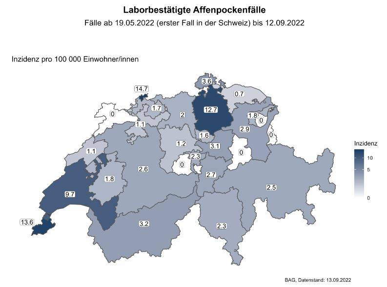 Geographische Verteilung der laborbestätigten Affenpocken-Fälle in der Schweiz. (Fälle pro 100 000 Einwohner/-innen)