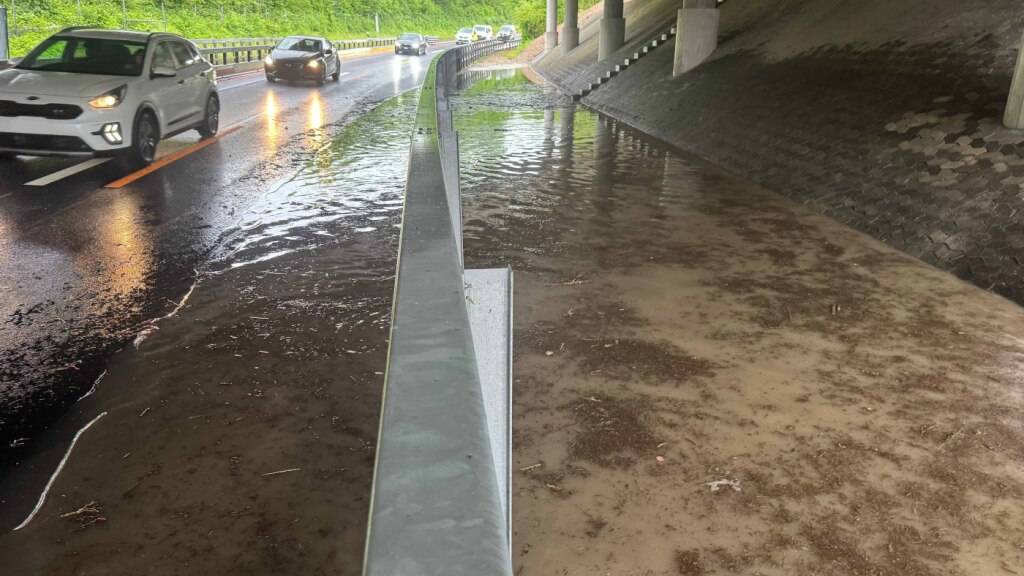 In einer Strassenunterführung der Autobahn A4 bei Rotkreuz sammelte sich am Dienstagnachmittag aufgrund des starken Regens eine erhebliche Menge Wasser an.