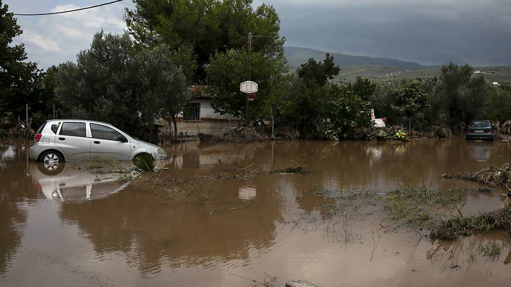 Zwei beschädigte Autos auf einer überfluteten Straße in Politika nordöstlich von Athen. Foto: Yorgos Karahalis/AP/dpa