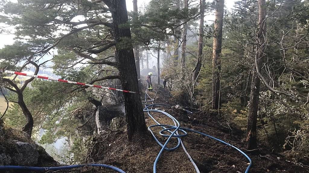 In einem abgelegenen Waldstück im Kanton Jura brach am Sonntagnachmittag ein Brand aus. Weil die Stelle für die Feuerwehrleute schwer zugänglich war, wurde auch ein Löschhelikopter eingesetzt.