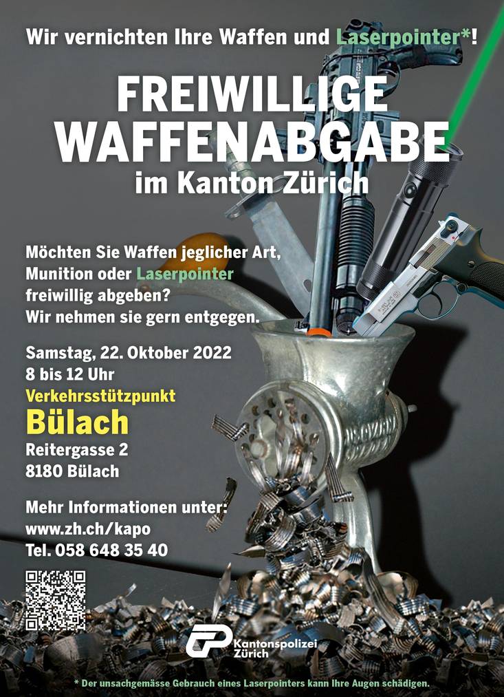 Am Samstag, 22. Oktober, findet im Verkehrsstützpunkt Bülach ein Aktionstag zur freiwilligen Waffenabgabe statt.