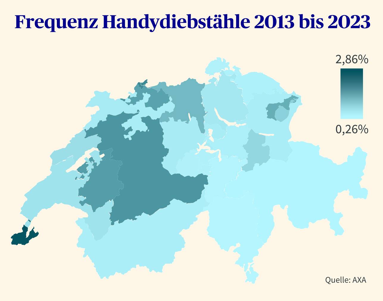 Die Frequenz von Handydiebstählen im Zeitrahmen 2013 bis 2023.