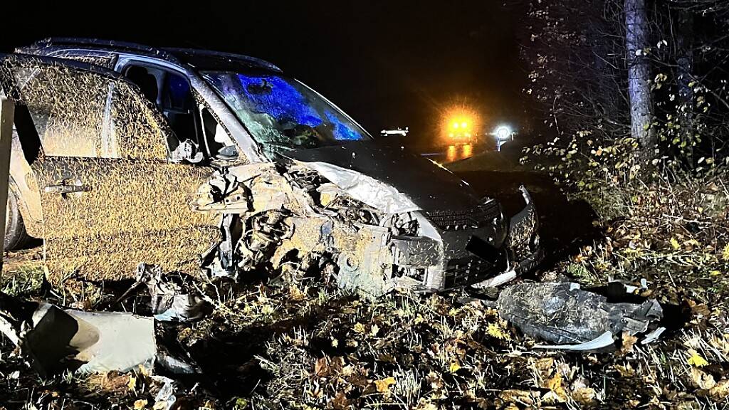Das totalbeschädigte Auto: Der Lenker war in einen Sekundenschlaf gefallen und von der Strasse abgekommen.