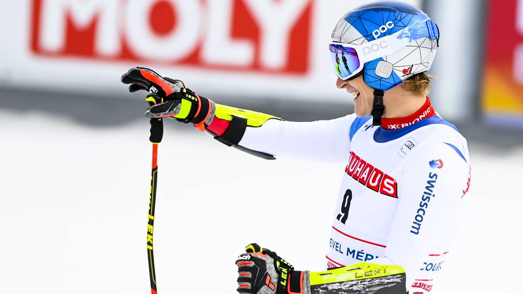 Marco Odermatt of Switzerland reacts in the finish area during the men's Super-G race at the FIS Alpine Skiing World Cup finals in Courchevel, France, Thursday, March 17, 2022.