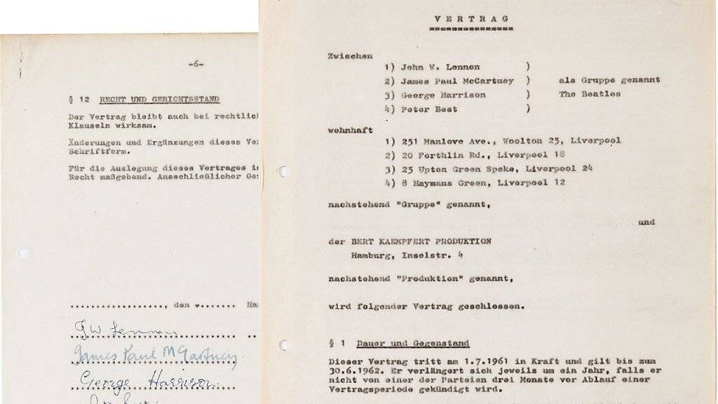 Das Dokument, das am Anfang der Karriere der Beatles stand: Ein Bieter ersteigerte den Vertrag in New York für 75'000 Dollar. (Archivbild)