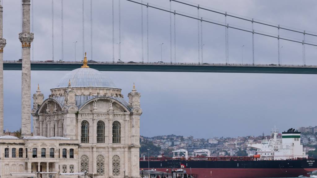 Ein Frachtschiff fährt auf dem Bosporus unter der Bosporusbrücke in Istanbul hindurch, links steht die Große Mecidiye Moschee. Foto: Rolf Vennenbernd/dpa