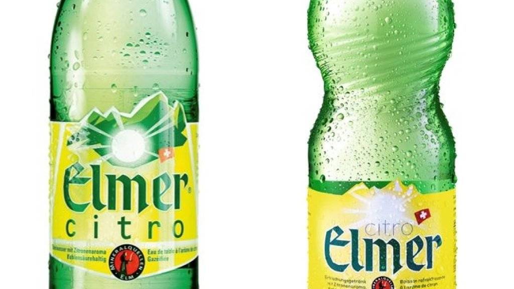 Das bekannte Design (links: 50cl-PET-Flasche) von Elmer Citro hat ausgedient. Zum 90-jährigen Jubiläum des Glarner Sprudelwassers wurde die Etikette aufgefrischt und das Elmer Bergrelief auch oben auf den Flaschenhals geprägt (Flasche rechts).