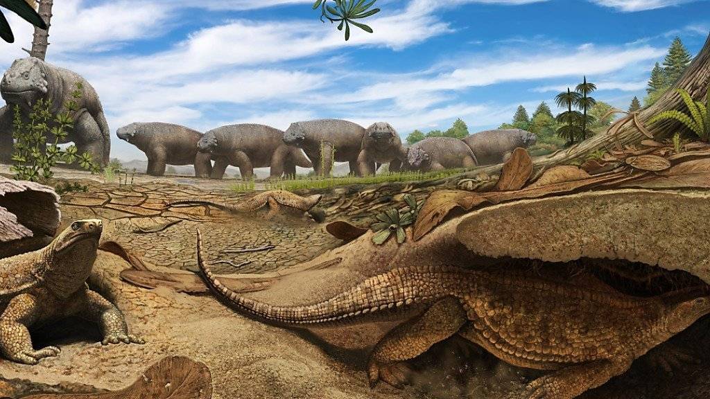 Die Urzeit-Schildkröte Eutonosaurus (im Vordergrund) grub sich vermutlich Höhlen im Untergrund, um den harschen Bedingungen Südafrikas vor 260 Millionen Jahren zu entgehen. (Künstlerische Darstellung)