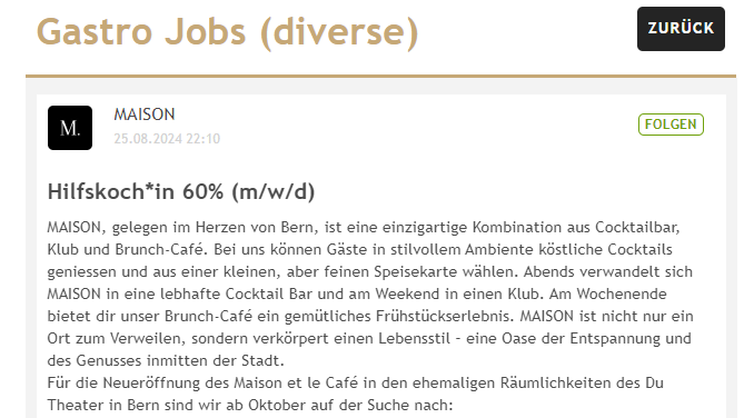 Die Stellenausschreibung verrät einige Informationen zum neuen «Maison», das im Lokal des ehemaligen «Du Théâtre» eröffnet werden soll.