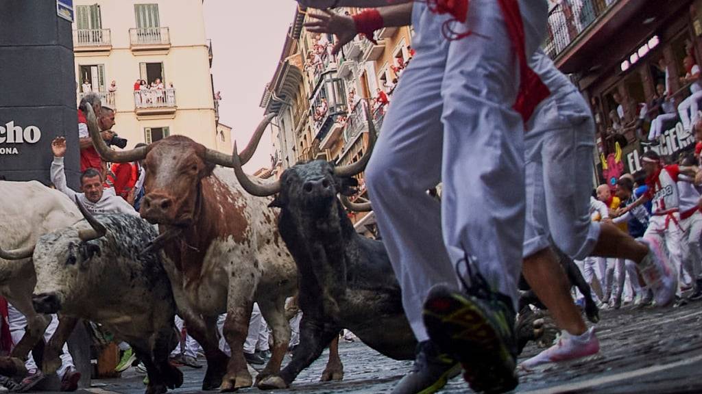 dpatopbilder - Teilnehmer laufen mit den Stieren w‰hrend des zweiten Tages des Stiertreibens bei den San FermÃn Fiestas (Sanfermin-Fest). Foto: Miguel Oses/AP/dpa