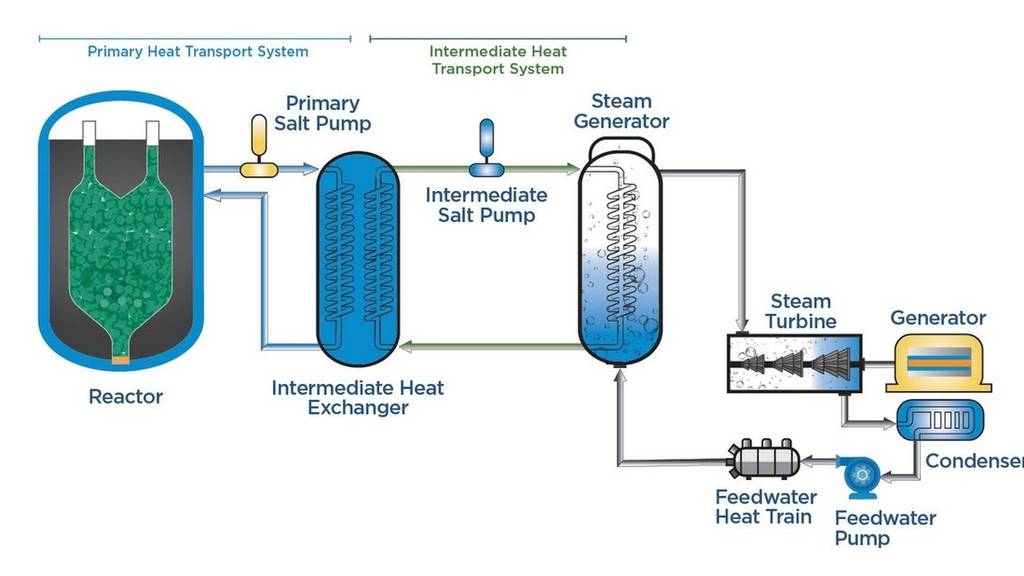 Schematische Darstellung des kommerziellen Reaktors KP-FHR (eine <a target="_blank" rel="nofollow" href="https://kairospower.com/technology/">interaktive Version der Grafik gibt es hier</a>). 