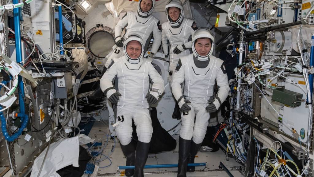 HANDOUT - Dieses von der Nasa zur Verfügung gestellte Foto zeigt (unten,r-l) den Nasa-Astronauten Mike Fincke, den Roscosmos-Kosmonauten Oleg Platonow, die Nasa-Astronautin Zena Cardman und den Jaxa (Japan Aerospace Exploration Agency)-Astronauten Kimiya Yui. Foto: Uncredited/NASA/AP/dpa - ACHTUNG: Nur zur redaktionellen Verwendung im Zusammenhang mit der aktuellen Berichterstattung und nur mit vollständiger Nennung des vorstehenden Credits