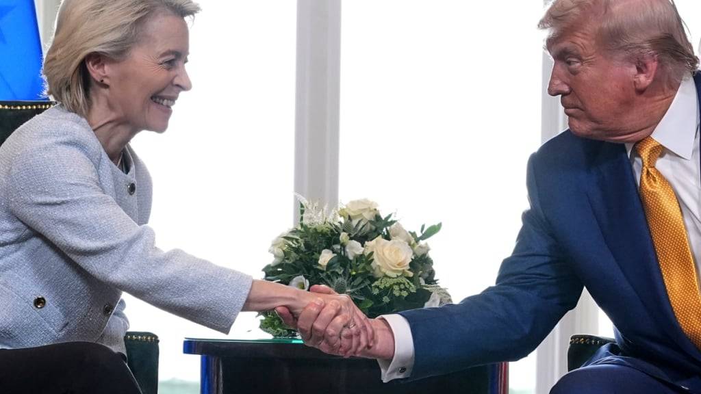 ARCHIV - US-Präsident Donald Trump schüttelt der Präsidentin der Europäischen Kommission Ursula von der Leyen die Hand. Foto: Jacquelyn Martin/AP/dpa