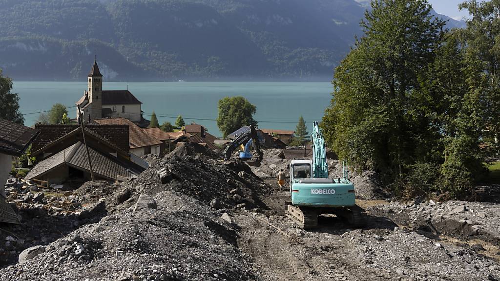 Bagger erstellen in Brienz BE einen Schutzdamm.