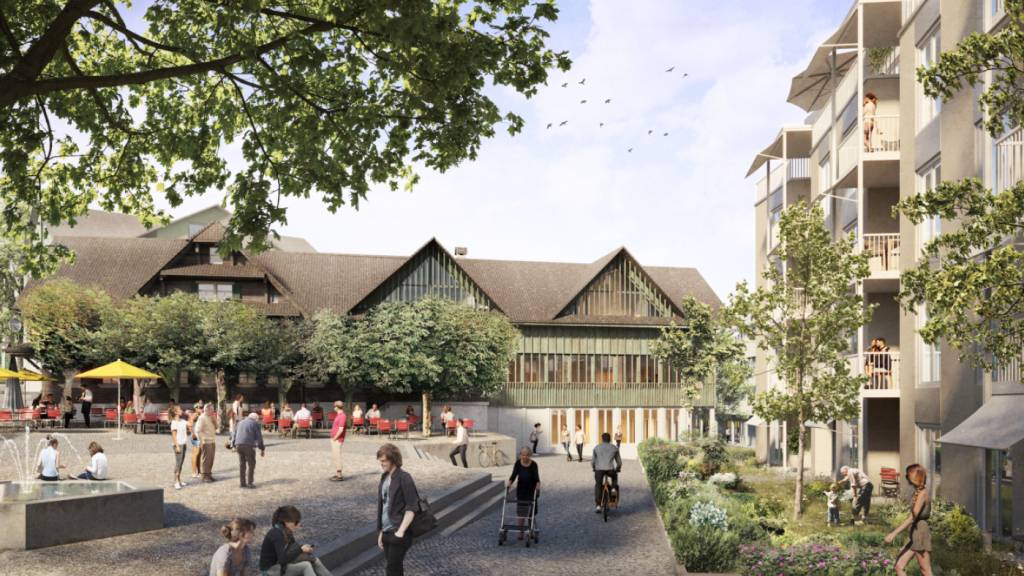 Blick vom heutigen Buchrainer Gemeindehaus auf den Adlergarten mit Wasserbecken und Wohngebäude auf der rechten Seite. (Visualisierung)