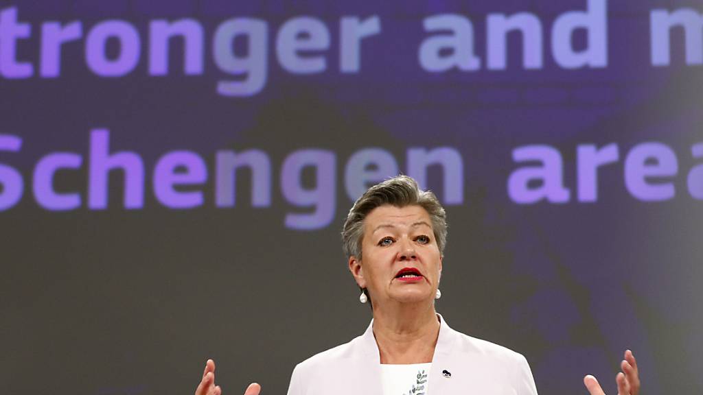 Ylva Johansson, EU-Innenkommissarin, spricht bei einer Pressekonferenz im EU-Hauptsitz. Foto: Johanna Geron/Pool Reuters/AP/dpa
