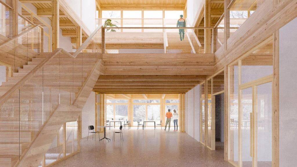 Als neues Ausbildungszentrum für den Bündner Zivilschutz ist ein dreistöckiger Holzbau in Churwalden vorgesehen. (Visualisierung)