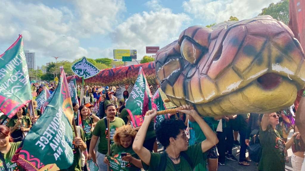 Indigene und internationale Klimaschützer haben sich zu einer Demonstration während der Klimakonferenz COP30 versammelt. Foto: Torsten Holtz/dpa