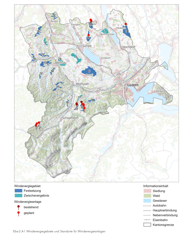 Übersichtskarte im Richtplantext zur Windenergie des Kantons Luzern