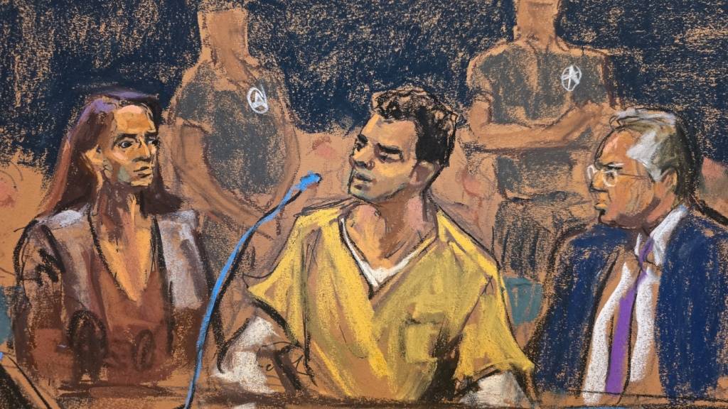 Auf dieser Gerichtszeichnung sitzt Luigi Mangione (M) zwischen seinen Anwälten Karen Friedman Agnifilo (l) und Marc Agnifilo. Foto: Jane Rosenberg/FR171162 AP/AP/dpa - ACHTUNG: Nur zur redaktionellen Verwendung und nur mit vollständiger Nennung des vorstehenden Credits