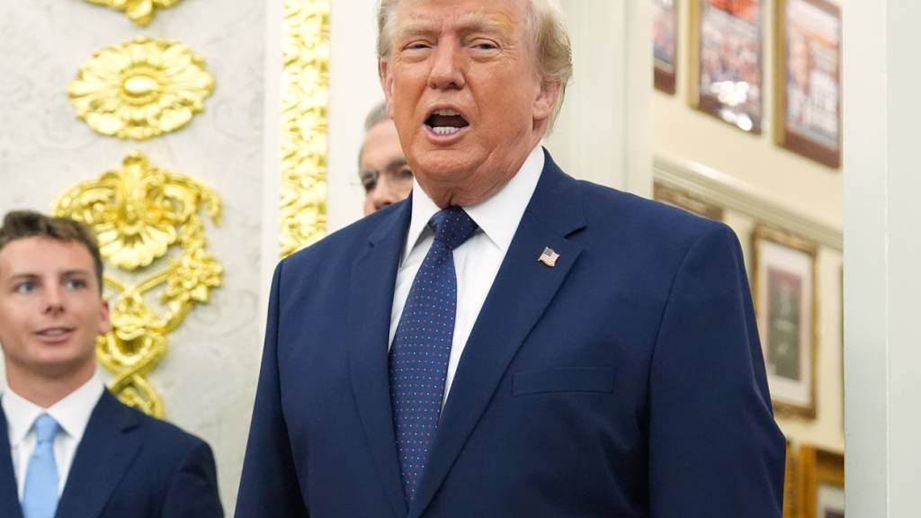 US-Präsident Donald Trump (r) spricht im Oval Office des Weißen Hauses. Foto: Mark Schiefelbein/AP/dpa