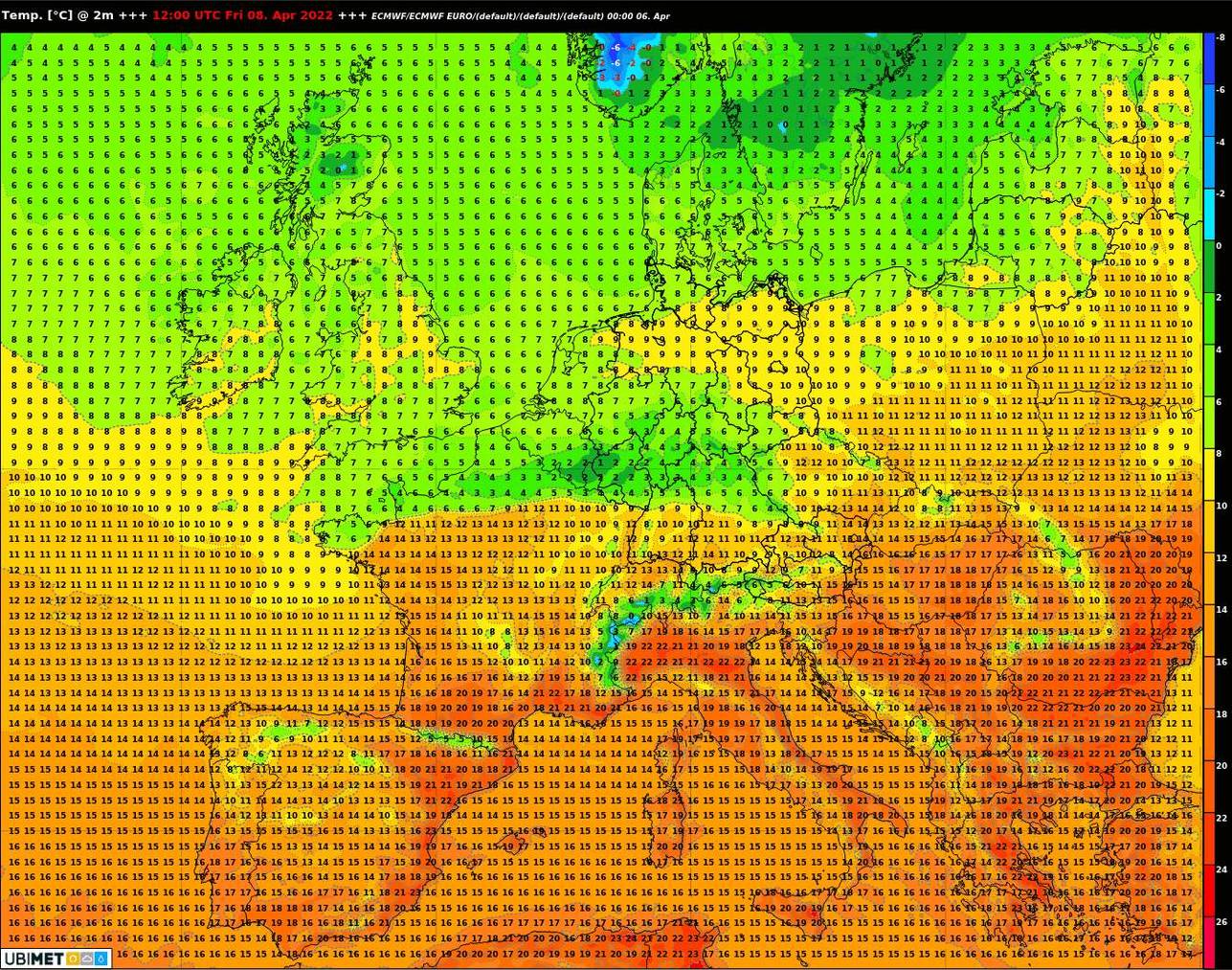 grosse Temperaturunterschiede zwischen Nordeuropa und dem Mittelmeerraum, hier als Beispiel der kommende Freitag 8. April 