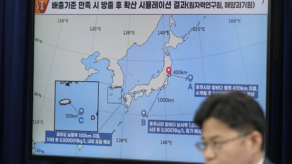 Eine Simulationsanalyse wird gezeigt, während Yoo Guk-hee, Vorsitzender der Kommission für nukleare Sicherheit und Sicherung, während eines Briefings im Regierungskomplex spricht. Foto: Lee Jin-man/AP