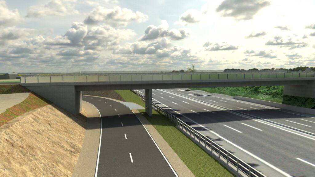 Die neue Brücke führt über die Autobahn und die neue Umfahrugsstrasse.