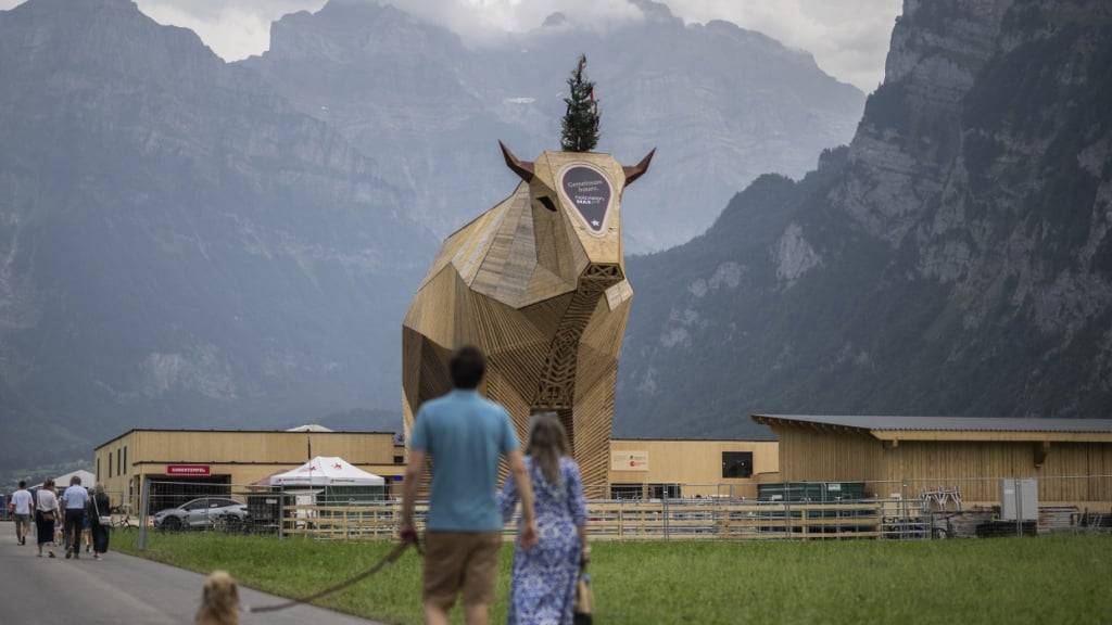 Der riesige Holzmuni Max wurde schnell zum Wahrzeichen des Eidgenössischen Schwing- und Älplerfests in Mollis GL. Lokale Politiker hätten ihn gerne im Kanton behalten. (Archivbild)