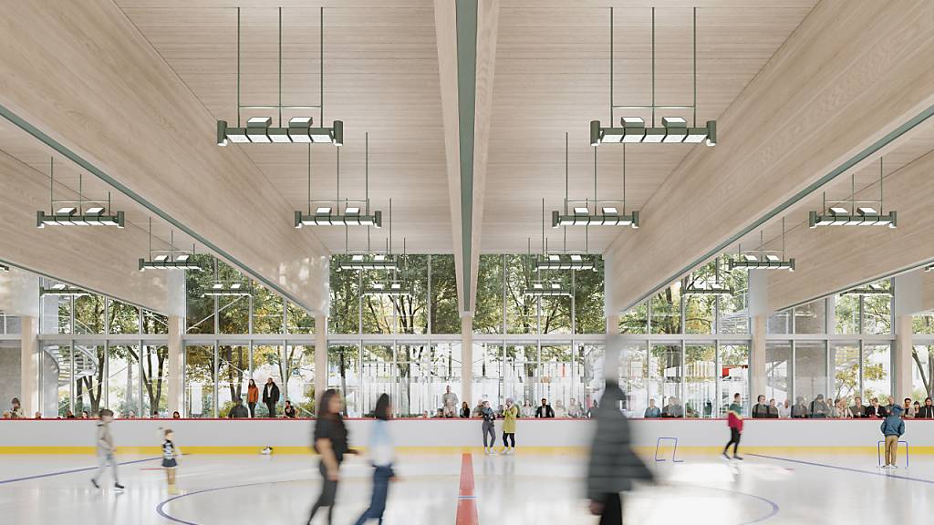 So soll die Eishalle im geplanten Sportzentrum Oerlikon aussehen. (Visualisierung)