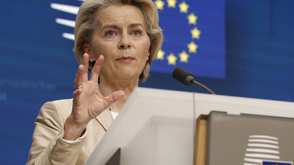 Ursula von der Leyen, Präsidentin der Europäischen Kommission spricht während einer Medienkonferenz auf einem EU-Gipfel. Foto: Omar Havana/AP/dpa