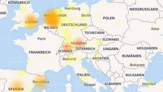 In weiten Teilen Mitteleuropas ist Whatsapp ausgestiegen. © Screenshot/allestörungen.ch