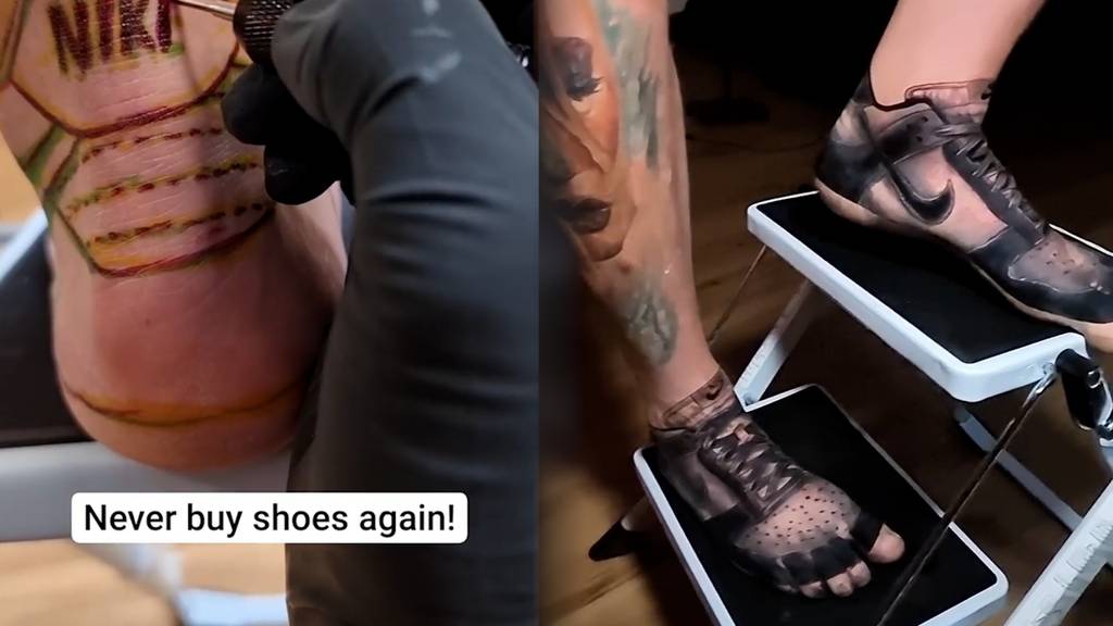 Nike-Sneakers unter der Haut: Mann lässt sich Lieblingsschuhe auf die Füsse tätowieren
