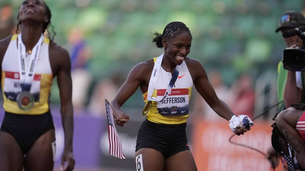 Melissa Jefferson-Wooden freut sich an den US Trials in Eugene über den Titel über 100 m und die Verbesserung der Jahresweltbestzeit
