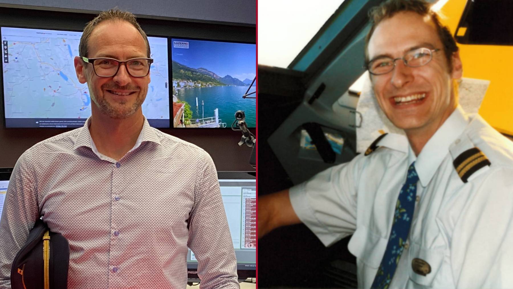 Marco Estermann heute im Radio Pilatus Studio und vor rund 20 Jahren als Swissair-Pilot. 