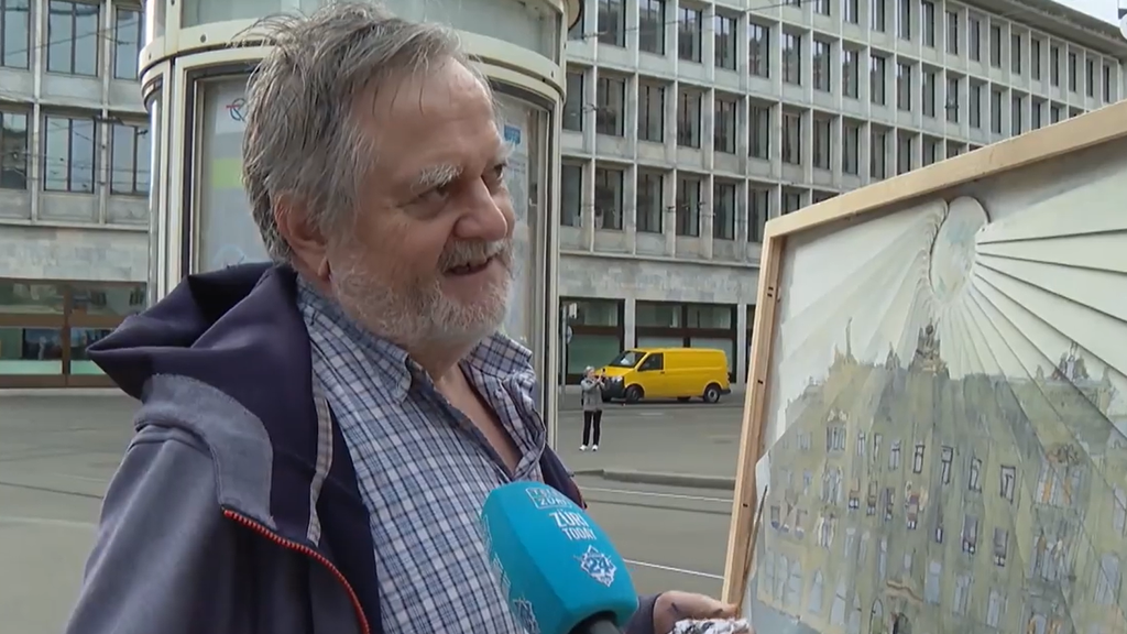 Künstler Robert Honegger malt eine schwankende Credit Suisse