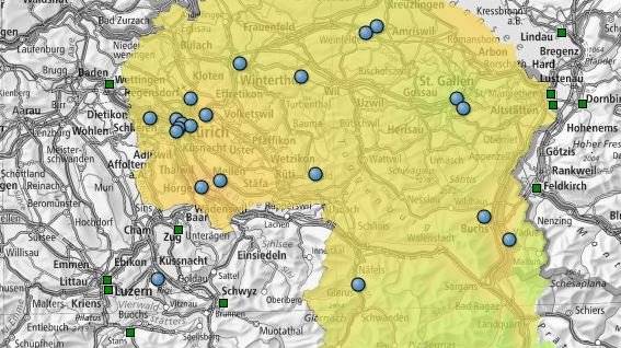 In den gelb eingefärbten Regionen wurde der Ozon-Grenzwert von 120 µg/m3 überschritten. Bei den orangen liegt er bei rund 180 µg/m3. (Bild: Ostluft)