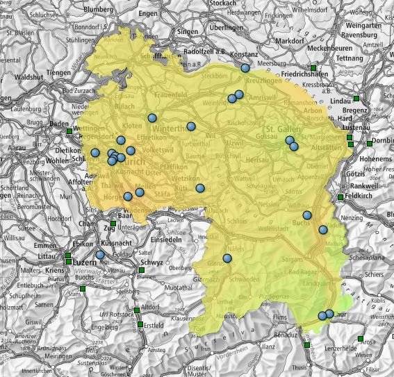 In den gelb eingefärbten Regionen wurde der Ozon-Grenzwert von 120 µg/m3 überschritten. Bei den orangen liegt er bei rund 180 µg/m3. (Bild: Ostluft)