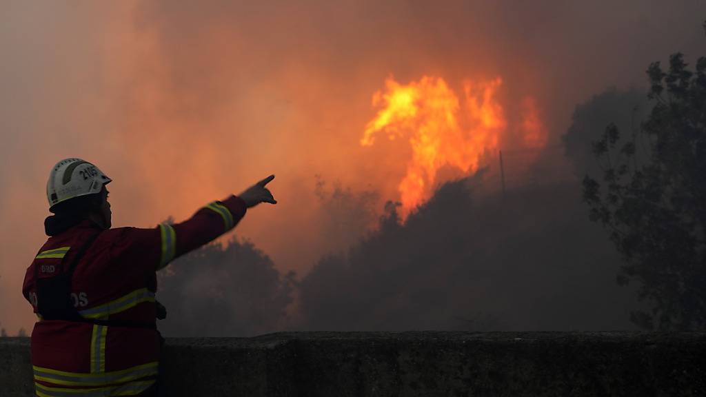 Ein Feuerwehrmann zeigt auf den Waldbrand außerhalb von Lissabon. Foto: Armando Franca/AP