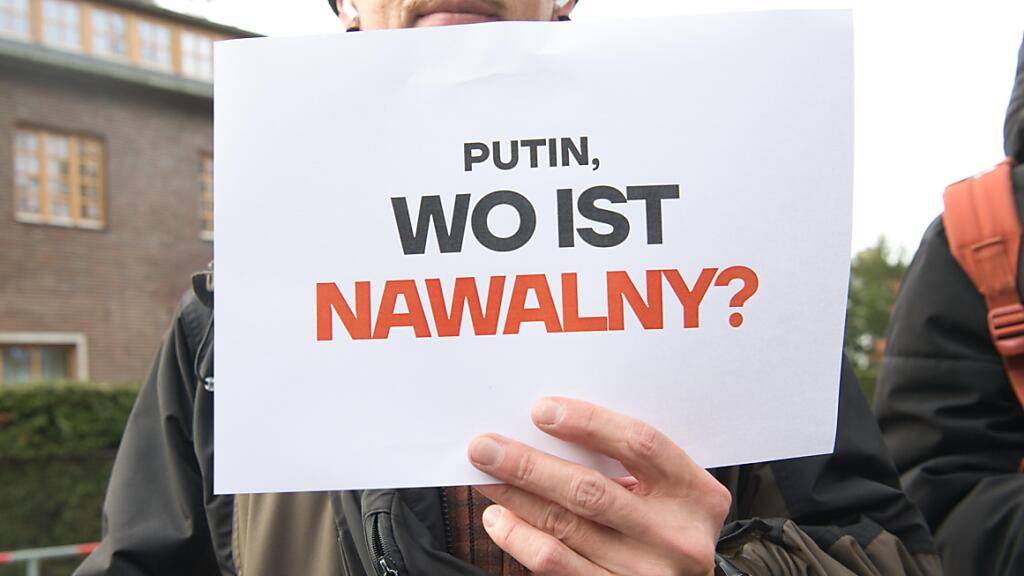 Demonstranten fordern vor dem Haus des russischen Botschafters Sergej Netschajew in Berlin Freiheit für den Kremlkritiker Alexej Nawalny. Foto: Paul Zinken/dpa