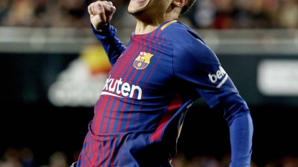 Philippe Coutinho feiert sein erstes Tor für den FC Barcelona