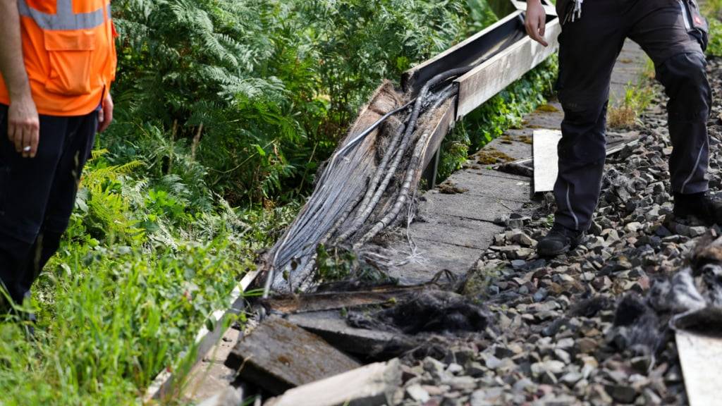 Mitarbeiter der Deutschen Bahn arbeiten an einem Gleisabschnitt in Düsseldorf. Dort wurde neben der Bahnstrecke Feuer in einem Kabeltunnel gelegt, der sechs Kabel in Mitleidenschaft zog. Foto: Christoph Reichwein/dpa