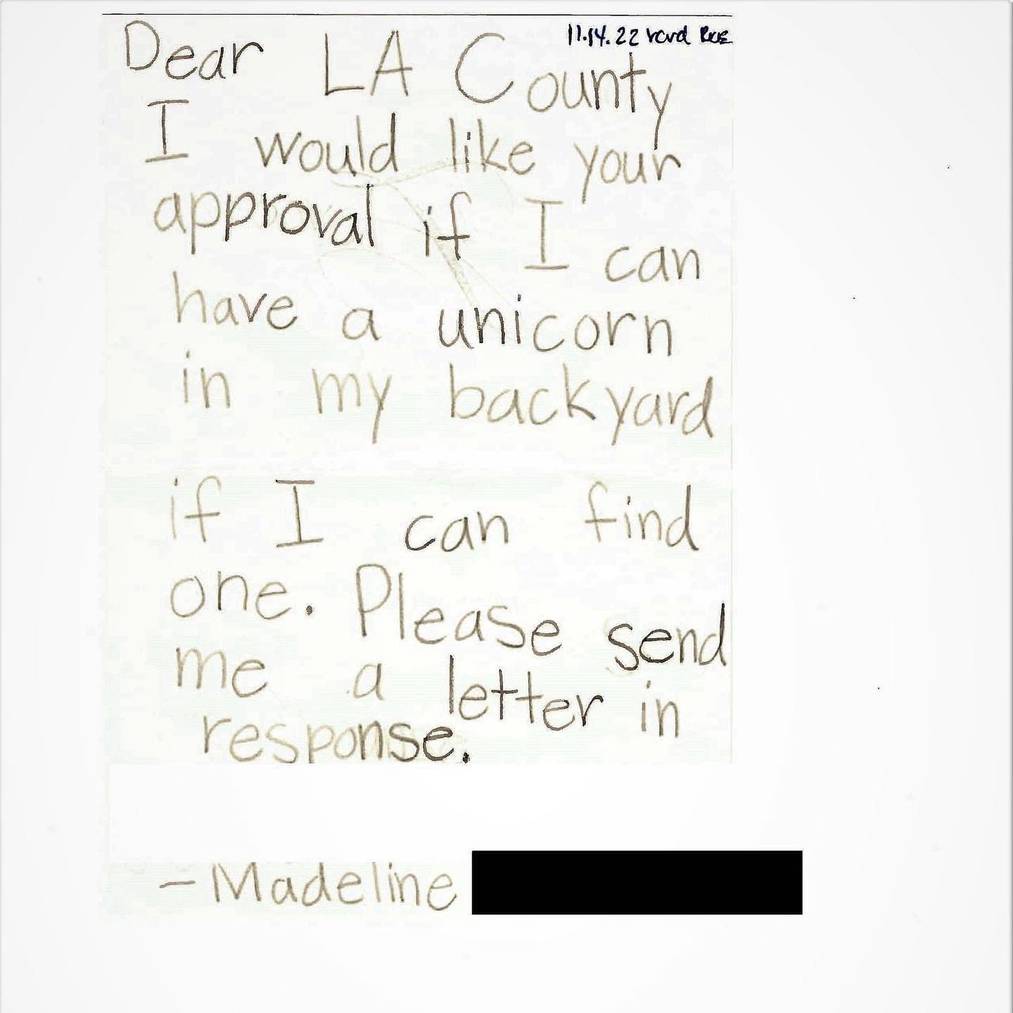 Mit diesem Brief bittet Madeline um eine Einhorn-Lizenz.