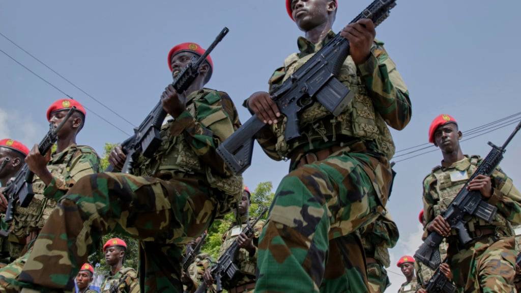 ARCHIV - Somalische Soldaten marschieren während der Feierlichkeiten zum 65. Jahrestag der Unabhängigkeit des Landes in der somalischen Hauptstadt. Foto: Farah Abdi Warsameh/AP/dpa