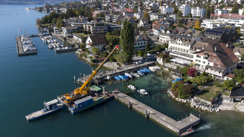 Mittels Pneukran verschieben Arbeiter eine Hafenmole in Meilen. Wegen des tiefen Wasserstands des Zürichsees lag diese auf einem Pfahlstummel auf und hätte beschädigt werden können.