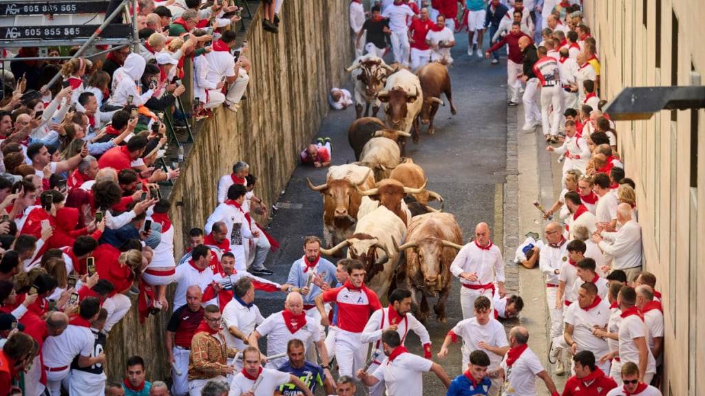 Teilnehmer treiben die Stiere der Alvaro Nunez Ranch am dritten Tag der  SanfermÌn-Festlichkeiten durch die Innenstadt. Foto: Miguel Oses/AP/dpa