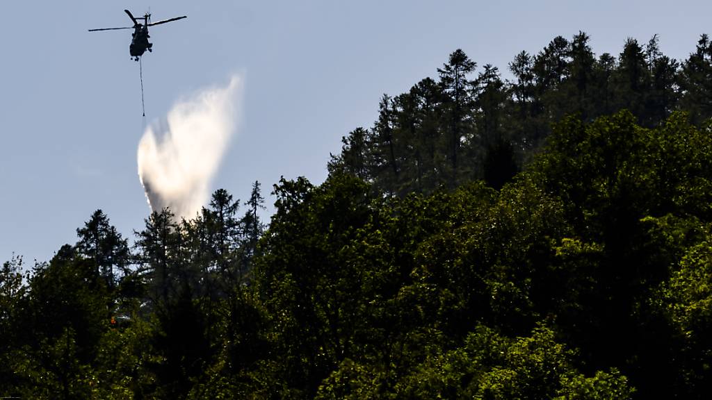 Sechs Helikopter waren am Donnerstag über dem Oberwalliser Waldbrandgebiet im Einsatz. Im Bild ein Armee-Helikopter Super Puma mit Löschwasser.