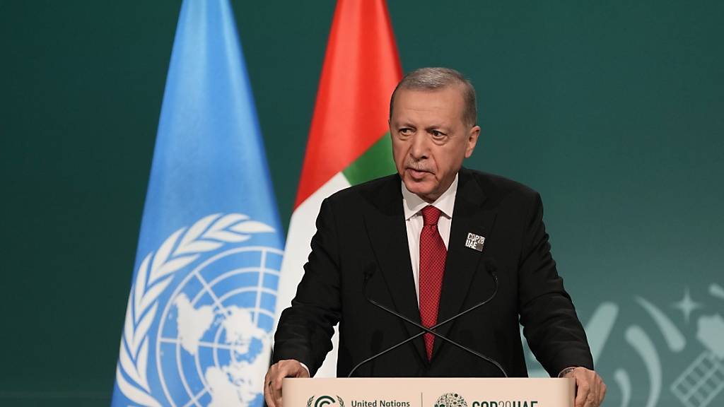Recep Tayyip Erdogan, Präsident der Türkei, spricht während einer Plenarsitzung auf dem UN-Klimagipfel COP28. Foto: Peter Dejong/AP/dpa