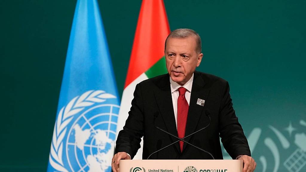 Recep Tayyip Erdogan, Präsident der Türkei, spricht während einer Plenarsitzung auf dem UN-Klimagipfel COP28. Foto: Peter Dejong/AP/dpa