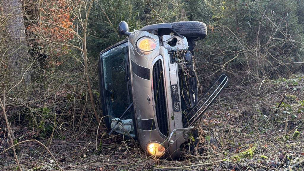Das Auto kam im Wald auf der Seite liegend zum Stillstand.